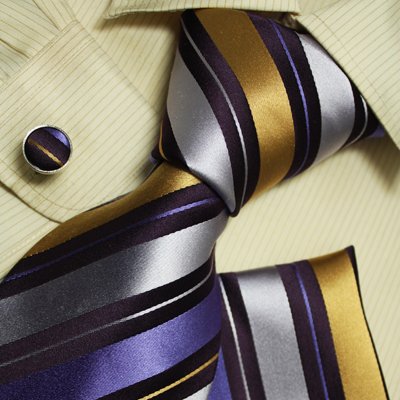 Purple stripes men neck ties gold stripes holiday gifts mens accessories silk necktie set H5143