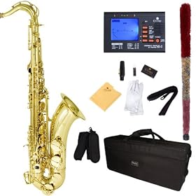 Mendini MTS-L Gold Lacquered Brass B Flat Tenor Saxophone + Hard Case, Accessories & Chromatic Tuner with Metronome