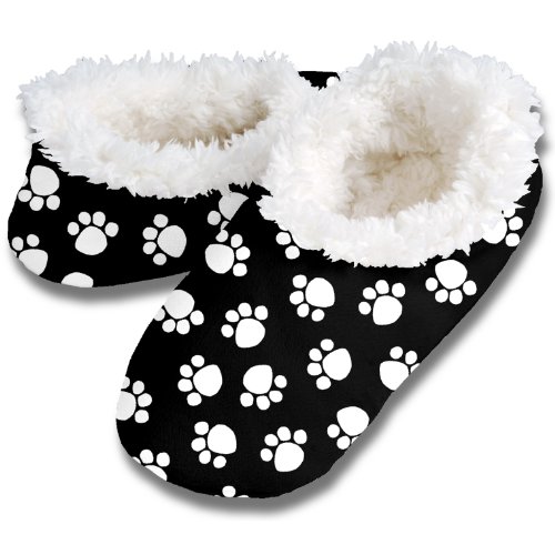 Snoozies Womens Fleece Lined Footies, Dog Paw Prints Black and White Footie