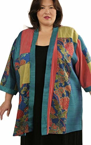 Peggy Lutz Plus Womens Kimono Jacket Turquoise Coral Japanese Floral WA1369