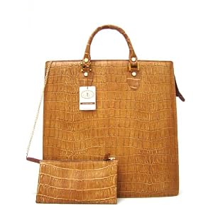L.A.P.A. Italian Designer Large Tote Handbag with Pouch in Brown or Cream Croc Embossed Leather