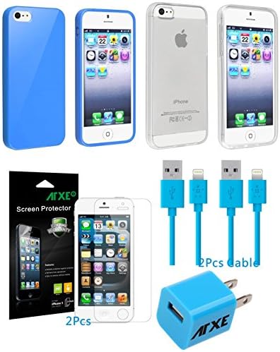 ATXE 2pcs TPU Rubber Skin Case Compatible for Apple iPhone 5 5S + Wall charger+2 data cable+2 Screen Protect for iPhone 5 / 5S
