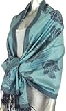 FUPashRose06AG Lightweight Two Tone Rose Floral Design Pashmina Fringe Scarf / Stole / Wrap - Blue / Navy