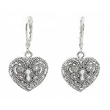 Earrings - E338 - Marcasite Look Heart with Crystals - Silver Tone Metal