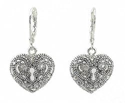 Earrings - E338 - Marcasite Look Heart with Crystals - Silver Tone Metal
