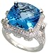 14k White Gold Ring 5/8 (16mm) wide, w/ 0.60 Carat Round Brilliant Diamonds & 9.50 Carats Cushion Cut Blue Topaz Stone