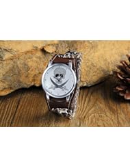 Youyoupifa Rock Style White Dail Skeleton Brown Leather Strap Quartz Movement Watch