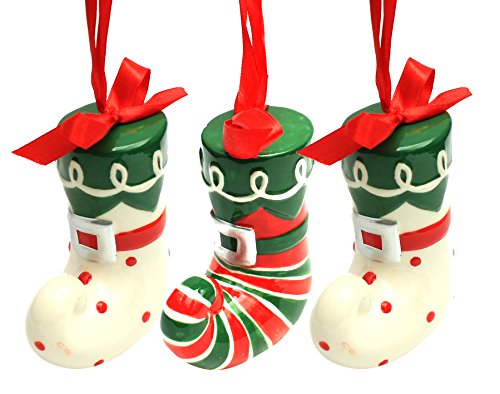 Holiday Lane Ceramic Stripe & Polka Dot Elf Boot 3″ Christmas Ornaments; Set of 3