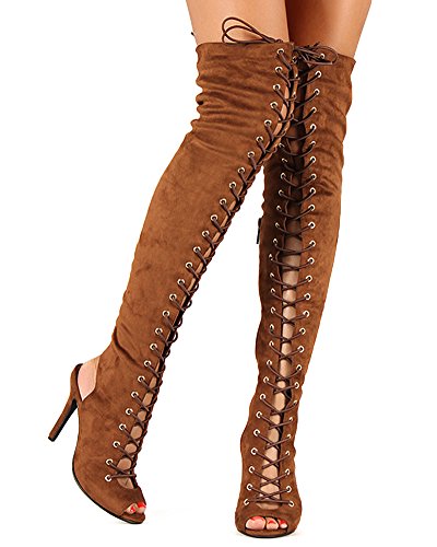 Breckelles BF25 Women Suede Lace Up Back Cut Out Thigh High Boot - Tan