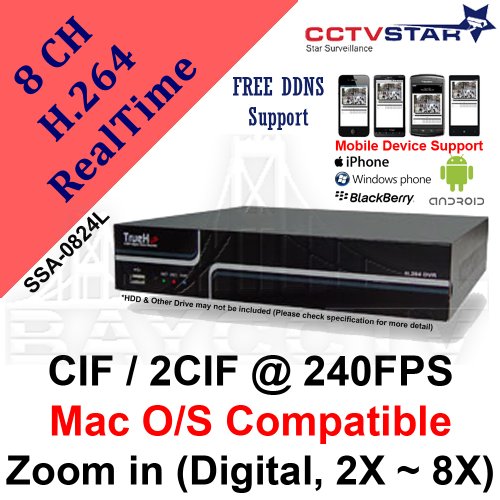 CCTVSTAR True-H SSA-0824L 8CH H.264 CIF / 2CIF @ 240 FPS Real Time Standalone DVR 2X-8X Digital Zoom MAC OS Compatible