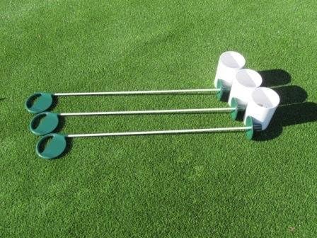 Golf Practice Putting Green - Natural or Synthetic - Deluxe Accessory Kit - (3) Bright White Plastic 6" Deep Regulation Cups + (3) Green Executive Putting Green Pin Markers with Ball Lifter Disks