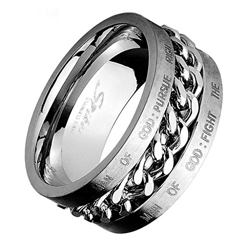 Timothy 6:6-16 Band, Man of God, Stainless Steel Silver Tone, Spinner Chain, Christian Bible Verse Ring