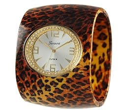 Ladies Crystal Cheetah Watch Wide Bangle Bracelet