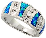 14K White Gold Rhodium Plated Sterling Silver Wedding & Engagement Ring Sterling Silver, Synthetic Opal Inlay Band in, w/ Brilliant Cut CZ stone Accents For Women 10MM ( Size 6 to 9)