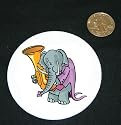 3" button / pin printed with tuba, music, playing, elephant, trombone, animal