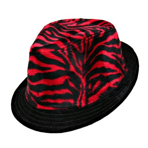 Red & Black Wild Plush Zebra Striped Fedora Hat