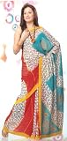 Red and Blue with Saffron Pallu Georgette Based Printed Sari / Saree / Wrap