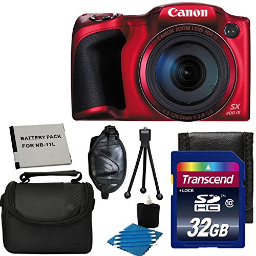 Canon Powershot SX400 IS 16.0 MP Digital Camera with 30x Optical Zoom and 720p HD Video (RED) With Case + Extra Battery & 32GB SD Card Deluxe Accessory Bundle