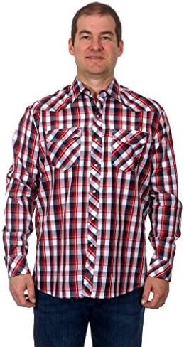 Mens Western Long Sleeve Pearl Snap Plaid Shirt (Large, Red/Black)
