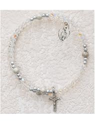 Crystal & Pearl Catholic First Communion Miraculous (St. Mary) & Cross Childrens Girls Bracelet (Bracelet 6 1/2") Sterling Silver Charms.