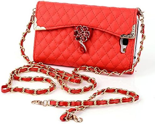 Galaxy Note 2 Case, Tradekmk(TM) Latest Luxury Golden Edge Plum Crystal Pendant Pattern PU Leather Slim Fit Folio Handbag Wallet Case Cover Compatible with Samsung Galaxy Note 2 N7100[+Stylus+Screen Protector+Cleaning Cloth]-(Red)