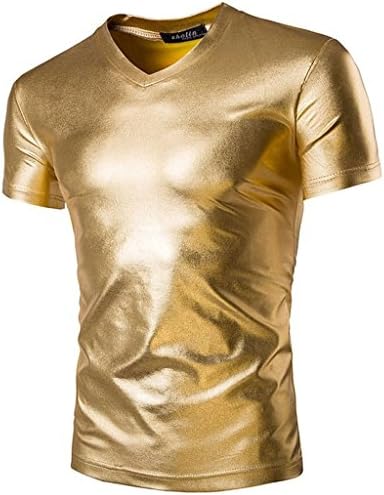 Jeansmore Mens Fashion Shiny Club Party Casual T-shirt Gold