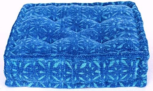 RANGILA Stuffed Indian Handmade Dabu Indigo Durry Faded Stonewashed Floor Cushion; Yoga Pillow