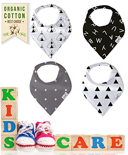 bee-zoo Baby Bandana Bibs Unisex Set Of 4 Stylish Designs For Boys & Girls | Super Soft Cotton | Perfect For A Gift | Fits Almost All Babies With Adjustable Snaps (White/Black/Gray/White)