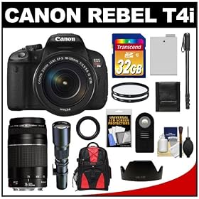 Canon EOS Rebel T4i Digital SLR Camera Body & EF-S 18-135mm IS STM Lens with 75-300mm III & 500mm Telephoto Lens + 32GB Card + Monopod + Battery + Backpack + Accessory Kit