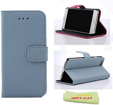 Superstar™ Litchi Skin Stylish PU Leather Filp Wallet Credit Card Case Cover With Stand and With Magnetic flap closure Cover for iPhone 6 with 4.7 inch Screen,with Card Slots + Cloth (Blue)
