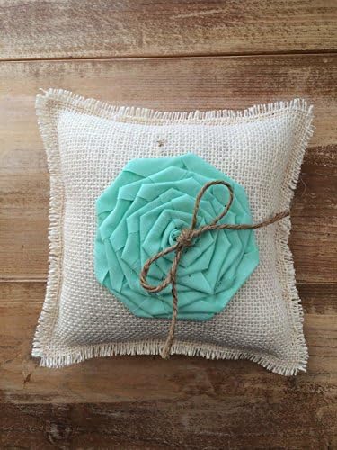 Off-White Burlap Ring Bearer Pillow with Mint Rosette &amp; Twine-Custom Colors Available