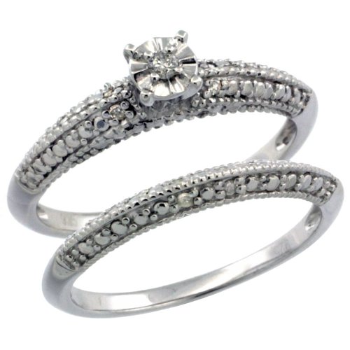 Sales Sterling Silver Vintage Style 2-Pc. 9-Stone Diamond Engagement Ring Set w/ .098 Carat Brilliant Cut Diamonds (Available in Sizes 5 to 10), size 10