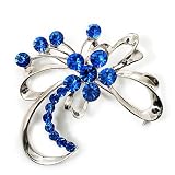 Zarte "Blumen" Brosche mit saphirblauem Strass (Silberfarbenes Metall)