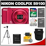 Nikon Coolpix S9100 12.1 MP Digital Camera (Red) with 8GB Card + (2) Batter ....