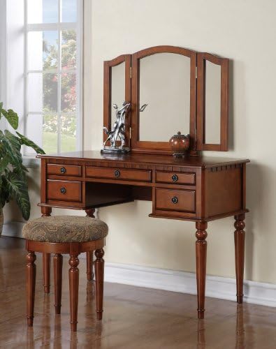 Five-drawers Walnut Finish Vantiy Table w/ Foldout Mirror &amp; Stool Vanity Set