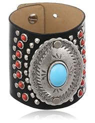 Streets Ahead Coral and Silver Stud Work Turquoise Colored Stone Accent Black Leather Silver Disc Cuff Bracelet, 7"