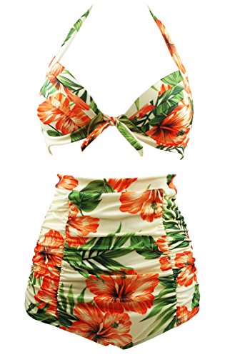Cocoship Retro Peach Hibiscus & Beige Floral Halter High Waisted Bikini Bathing Suit Swimsuit L(FBA)