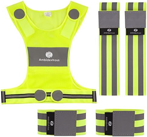 Reflective Vest Plus 4 Reflective Ankle Bands Wristbands Armbands | For Running Cycling Jogging Motorcycle Dog Walking | High Visibility Safety Gear for Men and Women - One Size Fits Most Safety Vest and Adjustable Bands (Circumference 8 to 14 inches)
