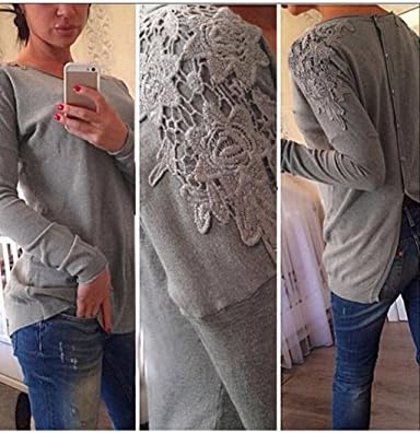 OVERMAL Women's Elegant Long Lace Sleeve Back Open Cotton Blouse (ASIA S, Gray)