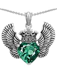 Genuine TRUE LOVE (tm) 925 Silver Simulated Emerald Heart With Crown and Angel Wings Pendant