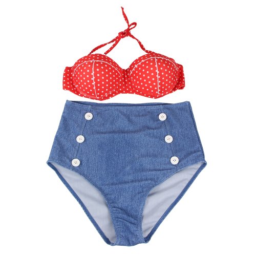 Your Gallery Retro Sexy High Waist Pin up Bikini Sets Red Polka Top+denim Bottom
