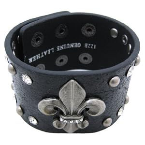 Black Leather Rhinestone Studded Fleur De Lis Wristband