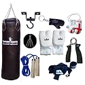 Vinyl Black Punch Bags Set 3 feet with Free Chrome Plated chain, Bag Mitts, Heavy dute Metal Ceiling Hook, Nylon Skipping Rope Blue, Boxing Glove UK Flagged Miniature and novelty, Boxing Gloves Key Chain Black and Black Hand Wraps