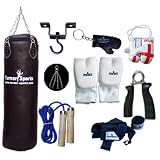 Vinyl Black Punch Bags Set 4 feet with Free Chrome Plated chain, Bag Mitts, Heavy dute Metal Ceiling Hook, Nylon Skipping Rope Blue, Boxing Glove UK Flagged Miniature and novelty, Boxing Gloves Key Chain Black and Black Hand Wraps