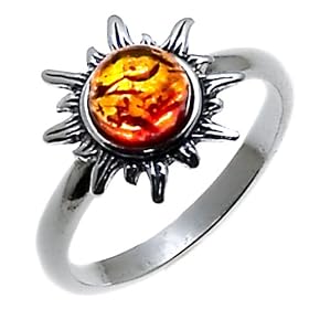 Certified Genuine Honey Amber and Sterling Silver Flaming Sun Ring, Sizes 5,6,7,8,9,10,11,12