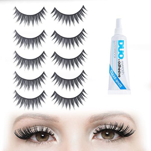 EXAGGERATE DRAMATIC FALSE EYELASHES: Long and Short Black Fake Eyelashes in a 5 Pair Set with Duo Clear Glue - Strip Falsies for Your Ultimate Eye Makeup Look