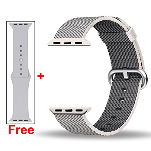 INTENY Woven Nylon Strap Buckle Replacement Wrist Bracelet with Silicone Band for Apple Watch Band Series 1 Series 2 38mm-Pearl