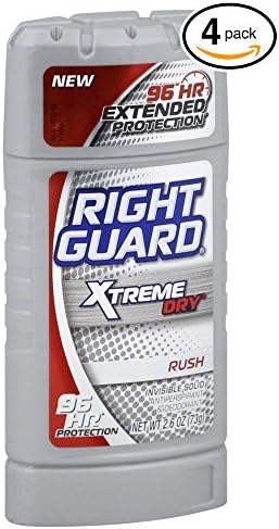 (PACK OF 4 BOTTLES) Right Guard Xtreme Dry - Rush Men's Stick Deodorant / Antiperspirant. 96 HOUR PROTECTION!! New &amp; Improved! Totally Invisible Solid! (4 Bottles, 2.6oz Each)