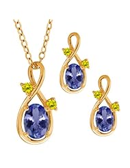 1.73 Ct Oval Blue Tanzanite Gemstone 14k Yellow Gold Pendant Earrings Set