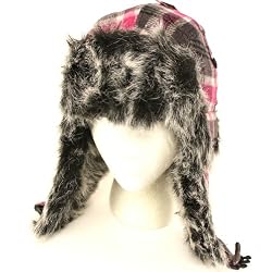 Faux Fur Plaid Winter Trooper Trapper Ski Hat Gray Pink